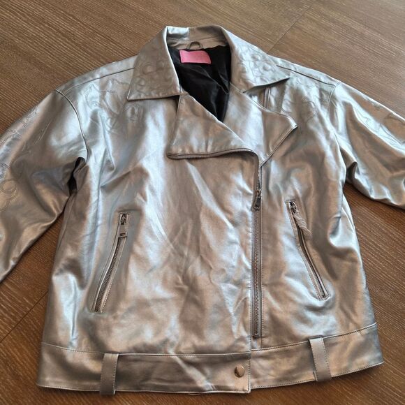 Azalba Wang  Silver Women's Faux Leather Prince Moto Western Jacket Oversized S - Picture 4 of 12